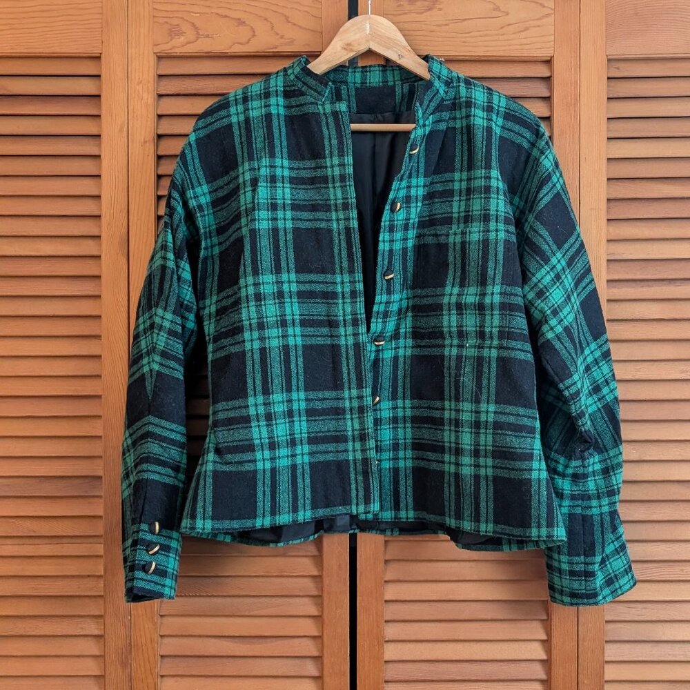 Vintage 80s Green & Black Plaid Jacket with Faux Gold Buttons - Womens M